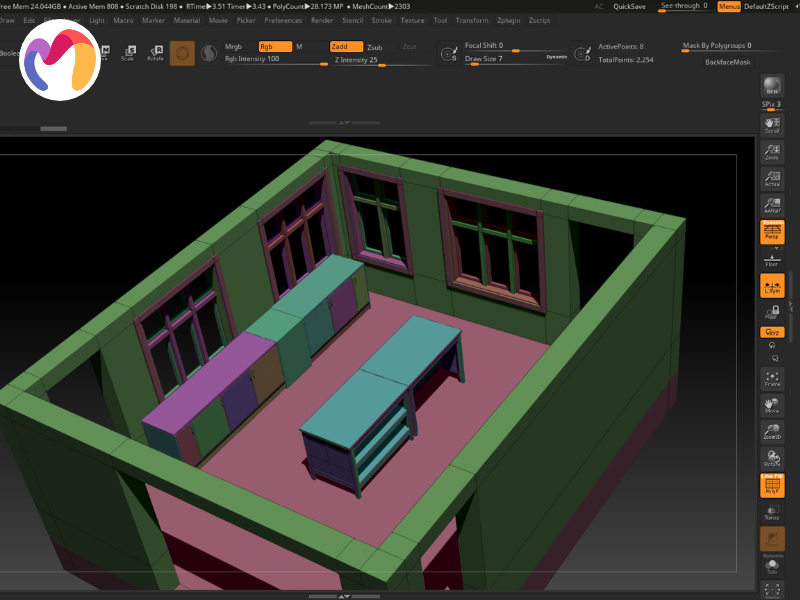 ZBrush is a 3D modeling program that offers digital sculpting architecture that is industry standard.