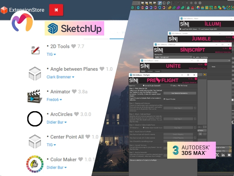SketchUp uses Extension Warehouse, while 3ds Max supports a wide range of professional plugins