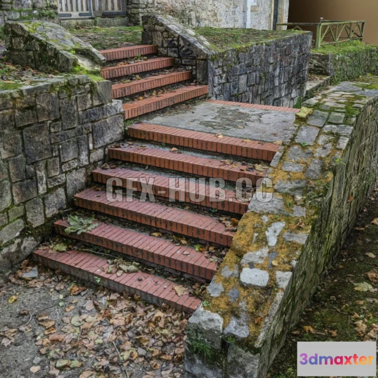 1183068 - PBR Game 3D Model - Brick stairs over stone wall scan