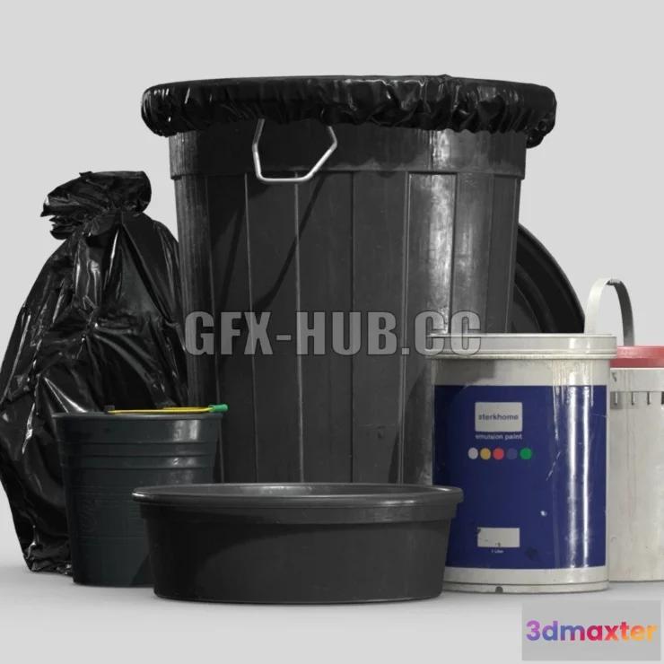 1183110 - PBR Game 3D Model - Buckets and Plastic Bags