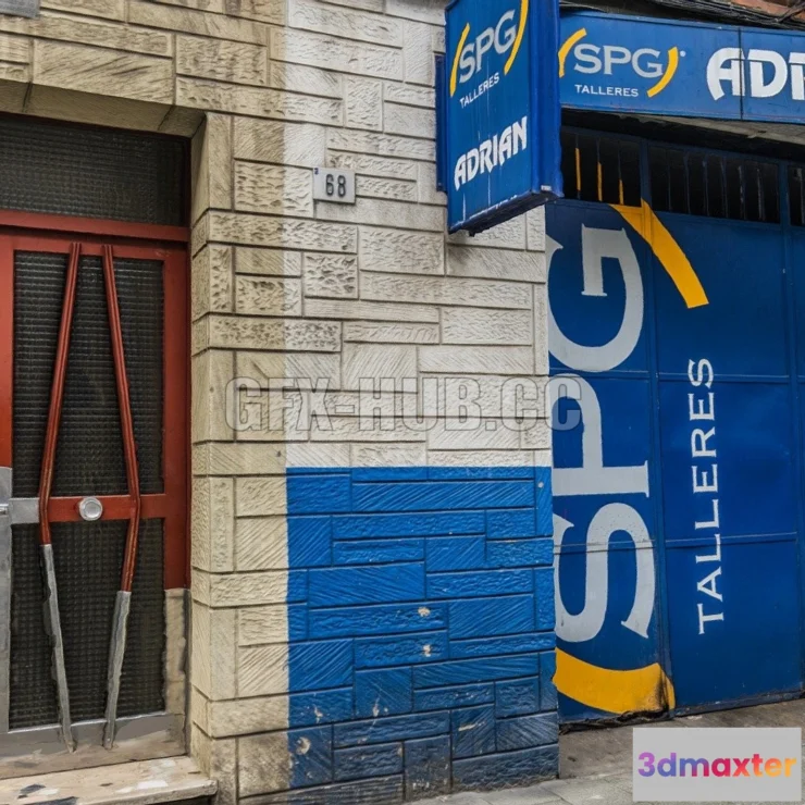 1183120 - PBR Game 3D Model - Building and blue garage door scan