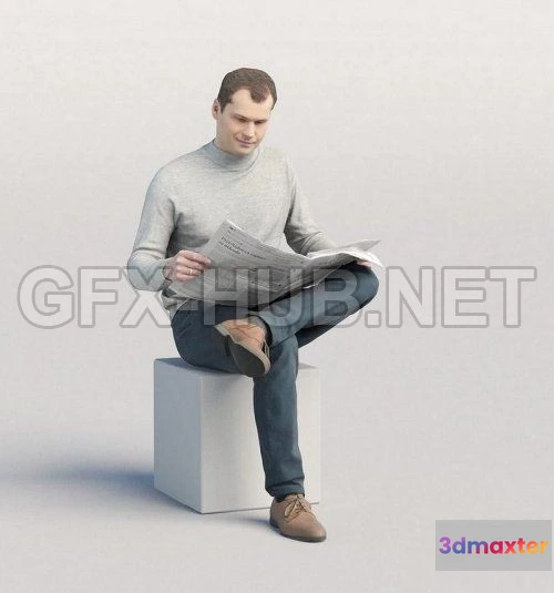 1183394 - PBR Game 3D Model - Casual man sitting and reading newspaper