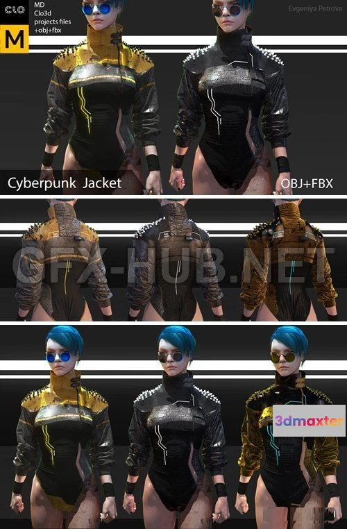 1183856 - PBR Game 3D Model - Cyberpunk female jacket. Clo3d, Marvelous designer project + OBJ+ FBX