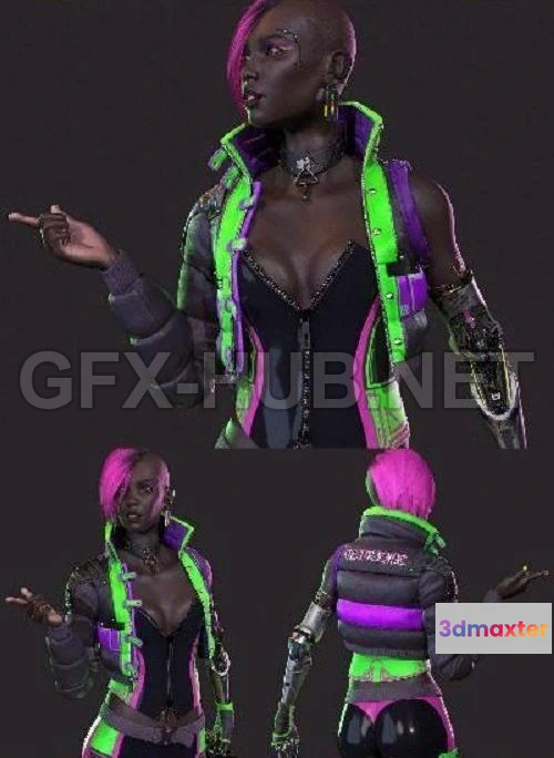 1183884 - PBR Game 3D Model - Cyberpunk Skater Girl