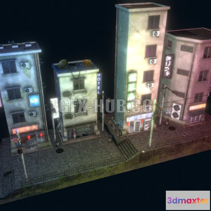 1183890 - PBR Game 3D Model - Cyberpunk Street Scene And Pack