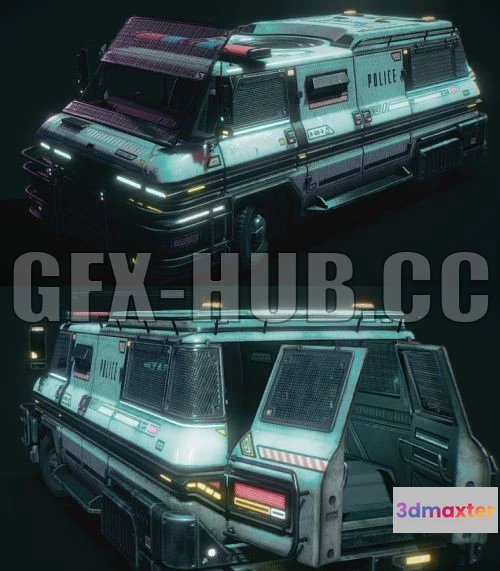 1183894 - PBR Game 3D Model - Cyberpunk style Riot Police Van
