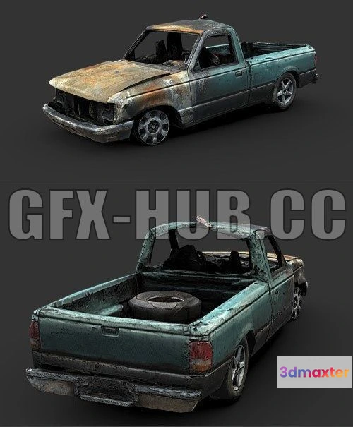 1184050 - PBR Game 3D Model - Destroyed Pickup Truck