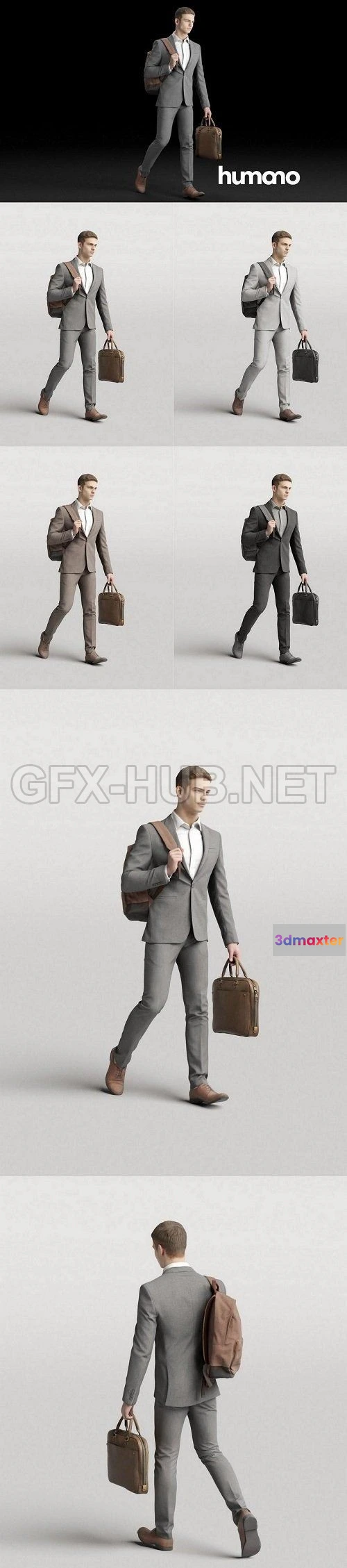 1184308 - PBR Game 3D Model - Elegant man walking with a briefcase and backpack