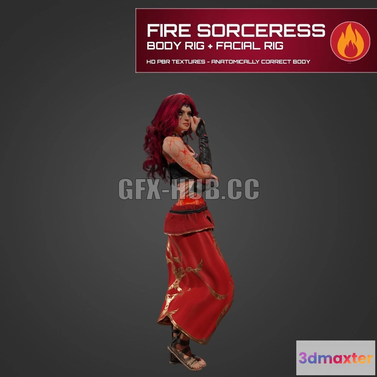 1184634 - PBR Game 3D Model - Fire Sorceress - Magician Woman