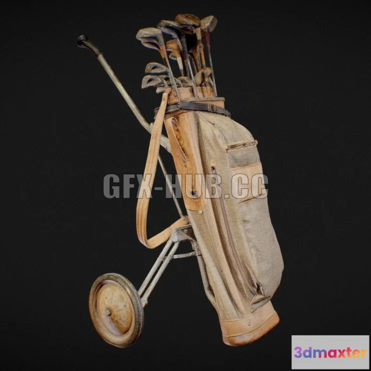 1185132 - PBR Game 3D Model - Golf Trolley & Clubs