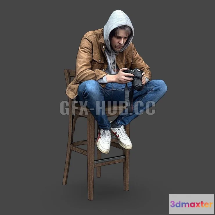 1185250 - PBR Game 3D Model - Guy with a camera sitting on a stool