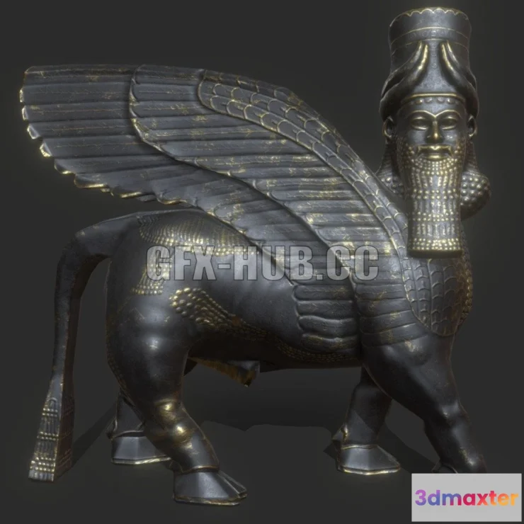 1185572 - PBR Game 3D Model - Human headed winged bull lamassu 2