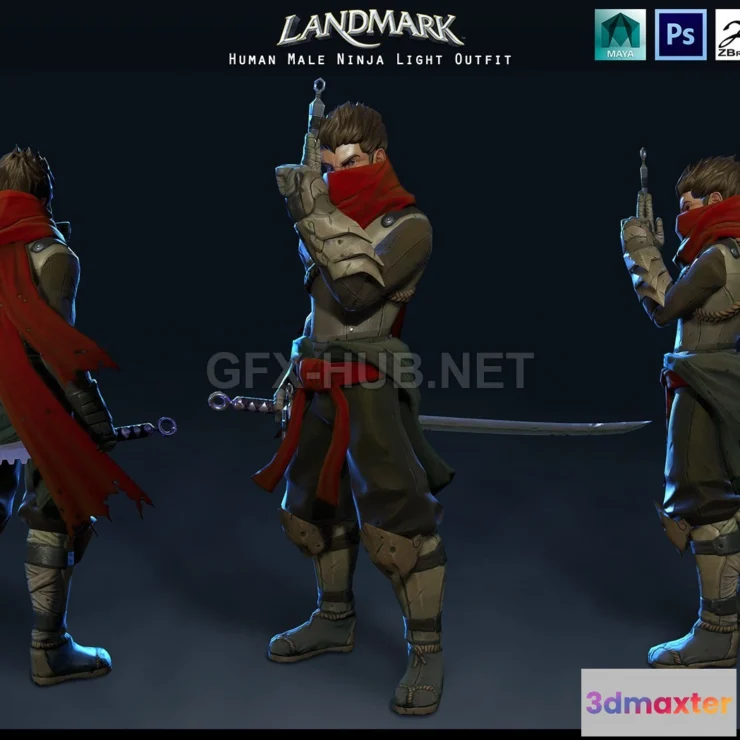 1185574 - PBR Game 3D Model - Human male ninja light armor