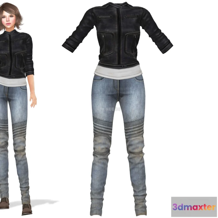 1185828 - PBR Game 3D Model - Jeans Leather Jacket Female Outfit