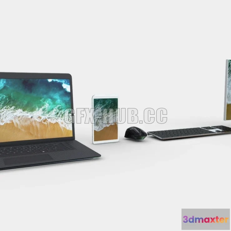 1186124 - PBR Game 3D Model - Laptop, tablet, mouse, keyboard and Monitor pack