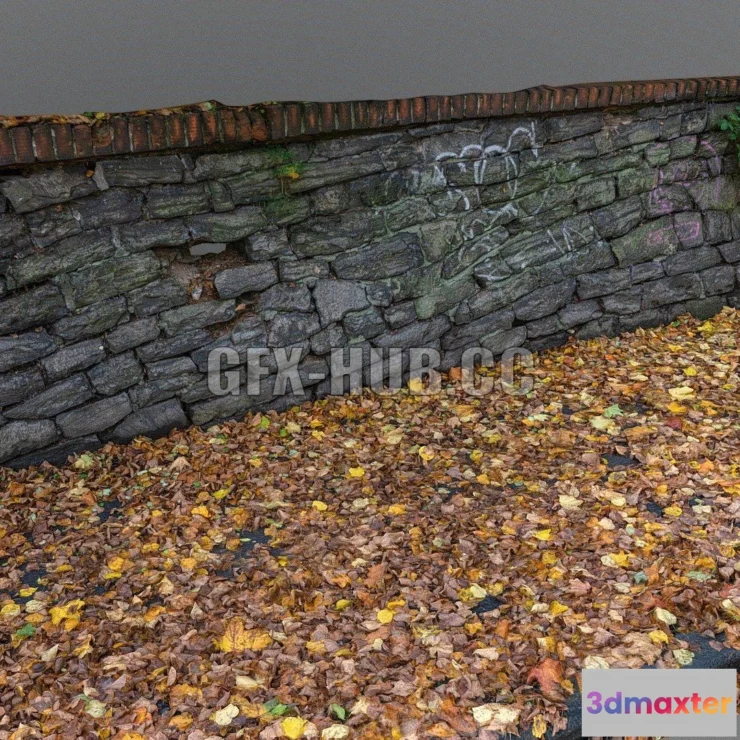 1186158 - PBR Game 3D Model - Leaf covered sidewalk with stone wall