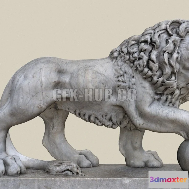 1186274 - PBR Game 3D Model - Lion with ball Sculpture