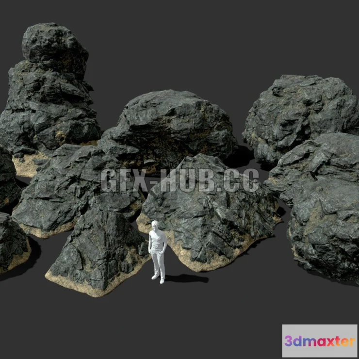 1186350 - PBR Game 3D Model - Low poly Black Beach Rock Collection 210210