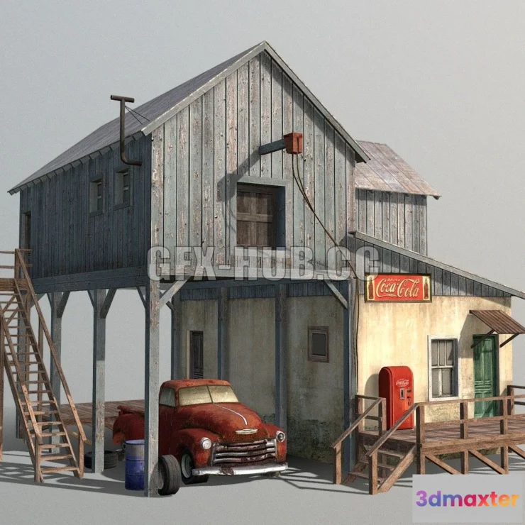 1187566 - PBR Game 3D Model - Old Farm And Chevrolet