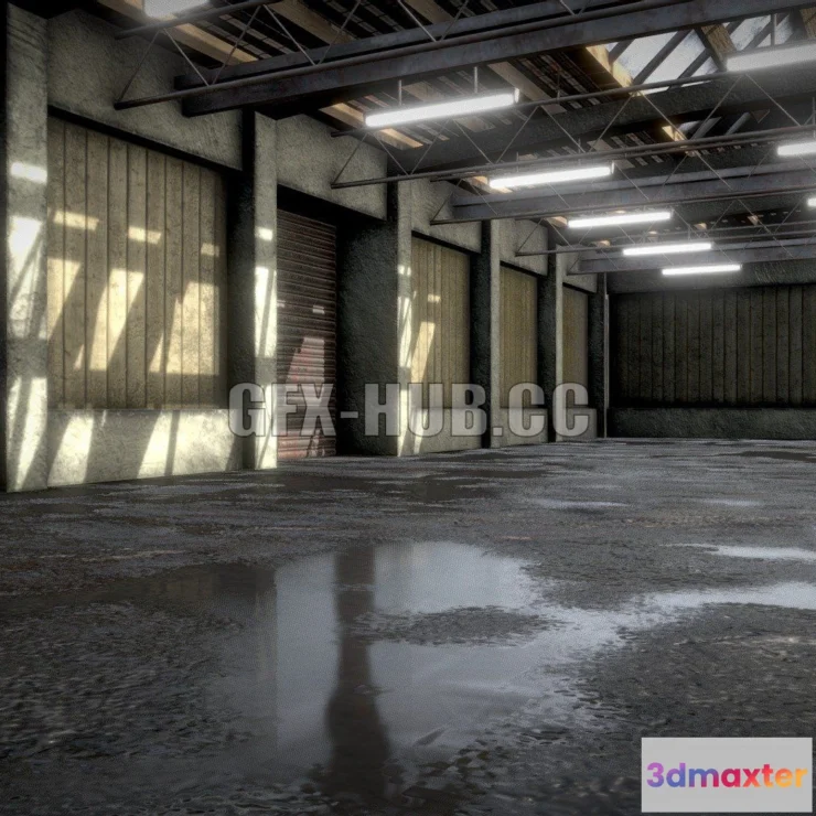 1187698 - PBR Game 3D Model - Old Warehouse (Wet Asphalt Ground)
