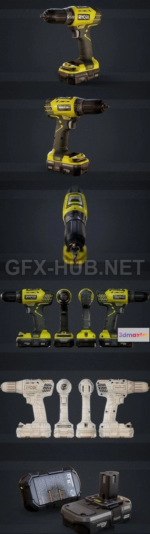 1188486 - PBR Game 3D Model - Ryobi Drill (max, fbx, obj)