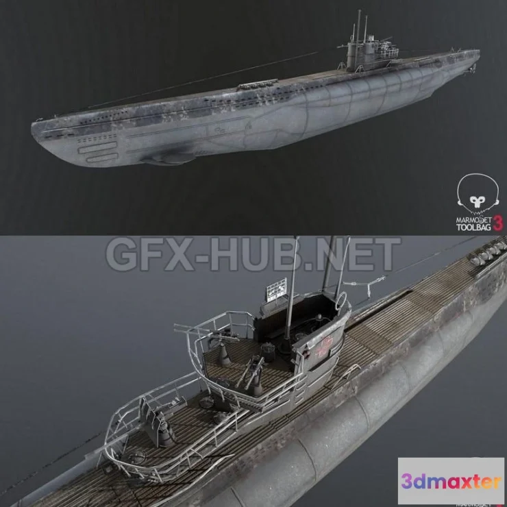 1189512 - PBR Game 3D Model - U-Boot Submarine - Type-7C U-995