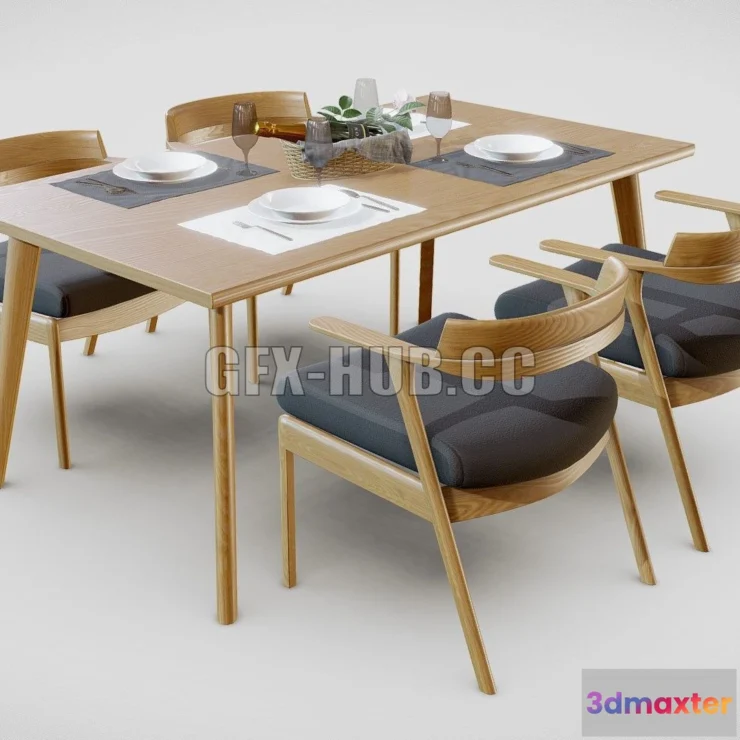 1189882 - PBR Game 3D Model - Wooden Dining Table and Chairs Set 1