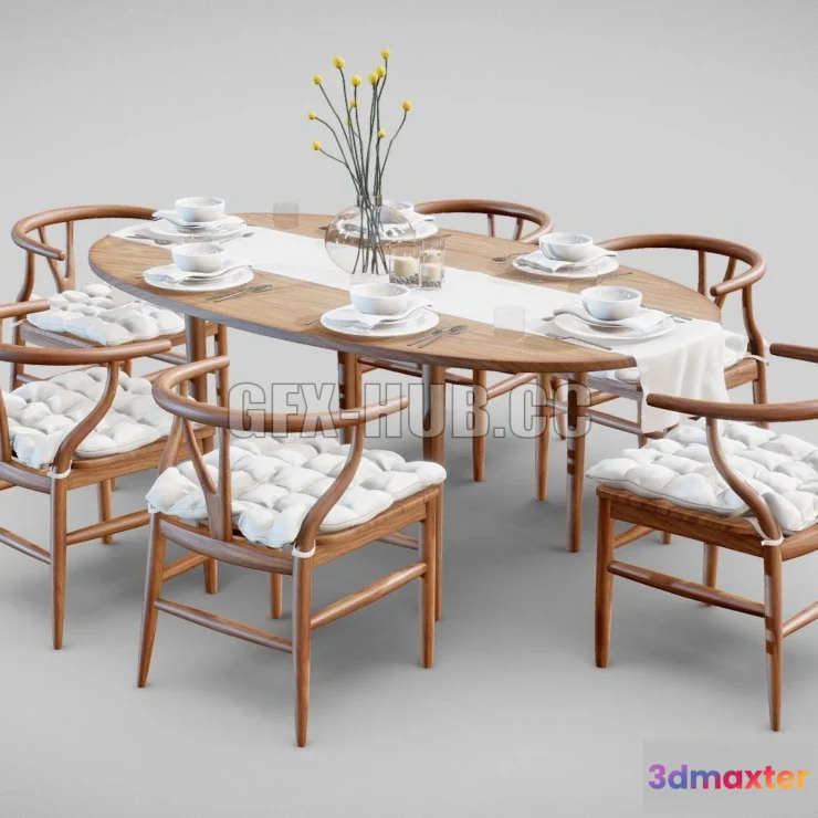 1189884 - PBR Game 3D Model - Wooden Dining Table and Chairs Set