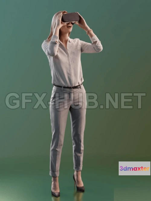 1190012 - PBR Game 3D Model - Young Woman using VR Headset 02 Scanned