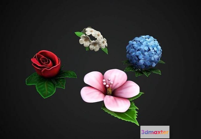 1518954 - PBR Game 3D Models - 4 Flowers Collection - Rose Jasmin Hortensia Hibiscus 3D Max