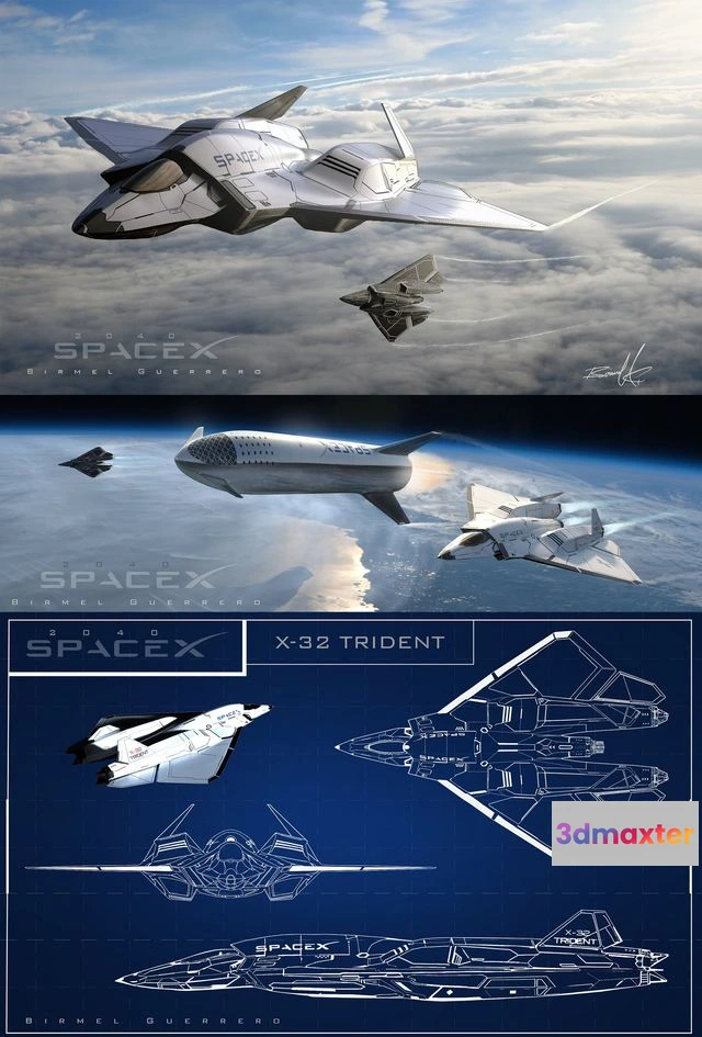 1519788 - PBR Game 3D Models - Space X-32 TRIDENT Star Fighter 2040 3D Max