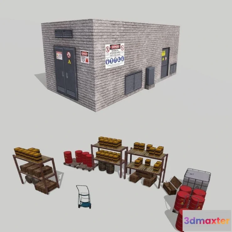 1520434 - PBR Game 3D Models - Chemical Explosive Wharehouse and Chemical Containers 3D Max