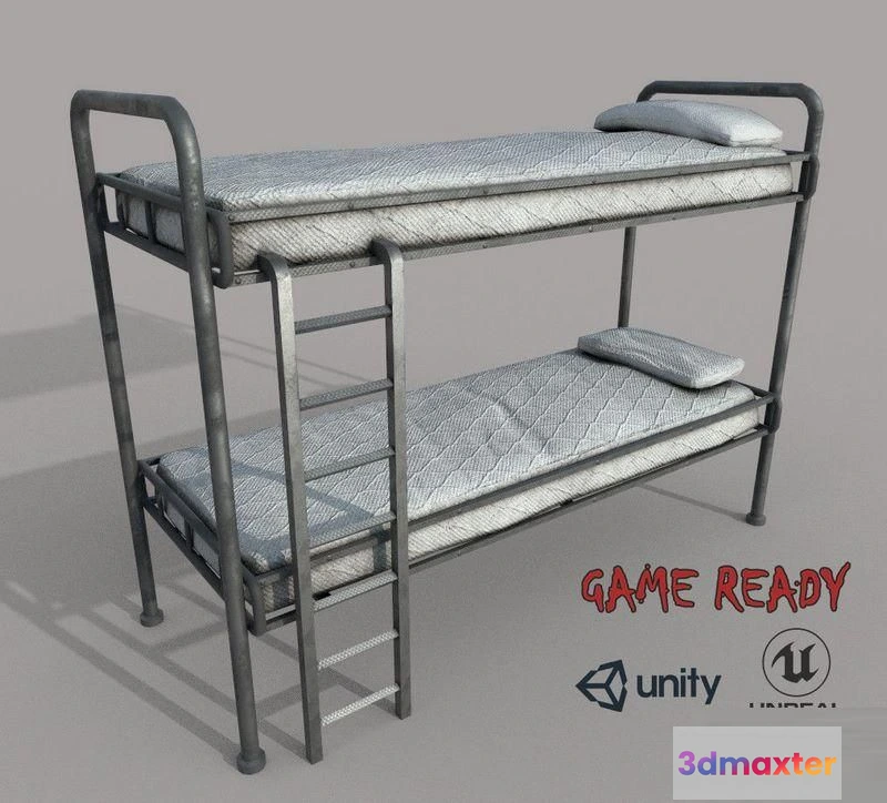 1520530 - PBR Game 3D Models - Old Bunk Bed Mattress and Pillows 3D Max