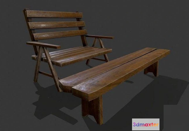 1520588 - PBR Game 3D Models - Wooden bench and table 3D Max