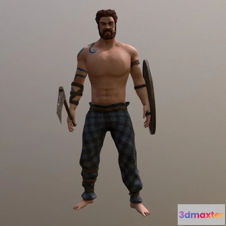 1522528 - PBR Game 3D Models - Celtic Warrior Idle Axe Shield 3D Max