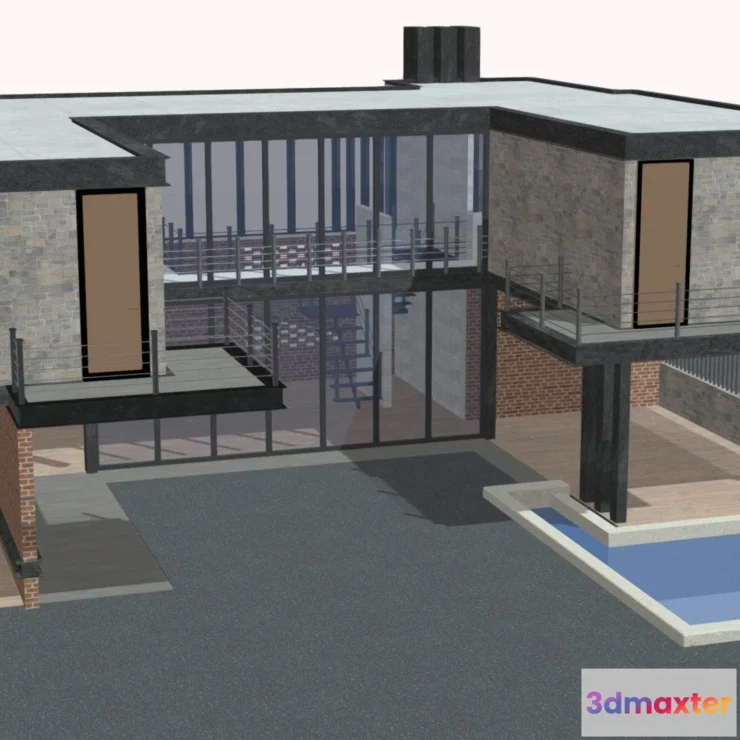 1523360 - PBR Game 3D Models - Modern Luxury Villa House Building With Pool 3D Max