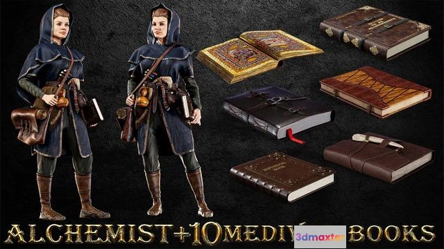 1523668 - PBR Game 3D Models - ALCHEMIST WITH 10 MEDIVAL BOOKS 3D Max