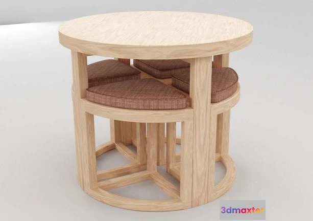 1524342 - PBR Game 3D Models - Round Wood Table and Chair Set 3D Max