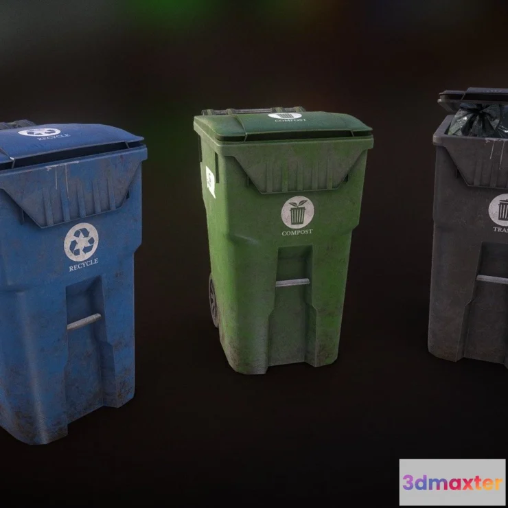 1526702 - PBR Game 3D Models - Plastic Trash Bin With Garbage Bags Low Poly 3D Max