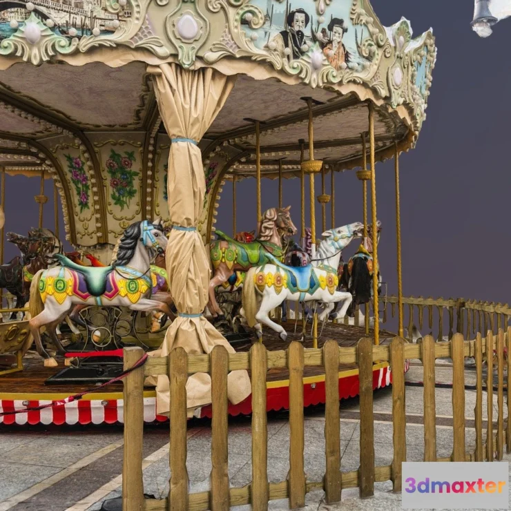 1527250 - PBR Game 3D Models - Carousel With Fence And Ticket Booth 3D Max