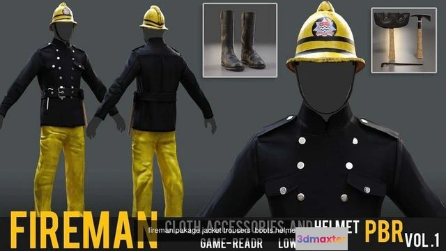 1527752 - PBR Game 3D Models - Fireman pakage jacket trousers boots helmet 3D Max