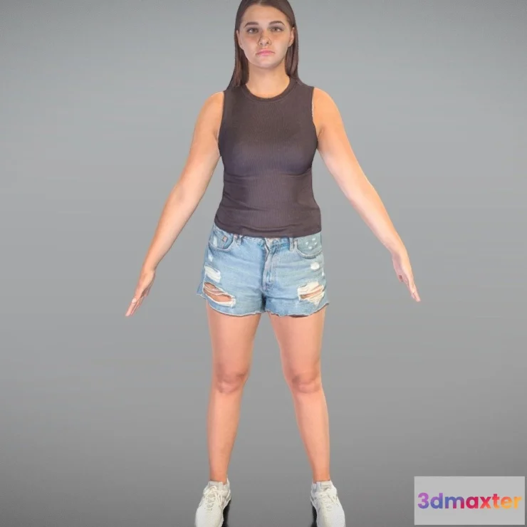 1527994 - PBR Game 3D Models - Pretty Young Woman In Denim Shorts In A Pose 160 3D Max
