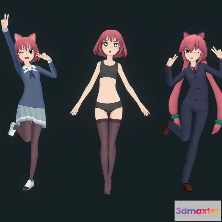 1528086 - PBR Game 3D Models - Rigged Anime Girl 2020 Outfits Expressions 3D Max