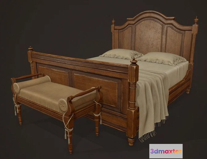 1528686 - PBR Game 3D Models - Vintage Bed with Pouf 3D Max