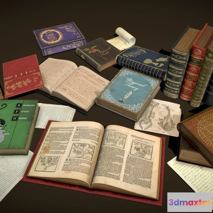 1528778 - PBR Game 3D Models - Wizard Themed Books And Textbooks 3D Max