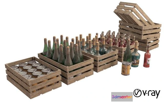 1528792 - PBR Game 3D Models - Wooden box and bottle 3D Max