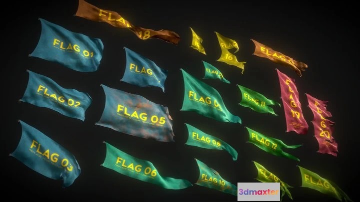 1529330 - PBR Game 3D Models - 20 Fully Loop Animated Flags 3D Max