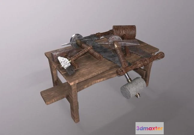 1529658 - PBR Game 3D Models - Medieval Table-Saw-Hammer 3D Max