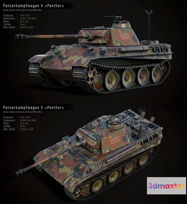 1529998 - PBR Game 3D Models - PZV Panther Tank 3D Max