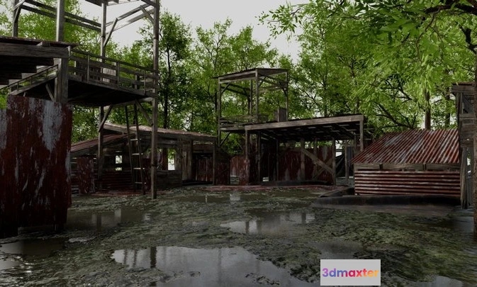 1531820 - PBR Game 3D Models - Abandoned Wooden Shacks With Trees 3D Scene 3D Max